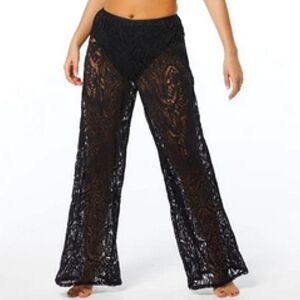 Aruba Blue Women's Black Tropical Crochet Pull-on Wide leg Beach Pant Size Small